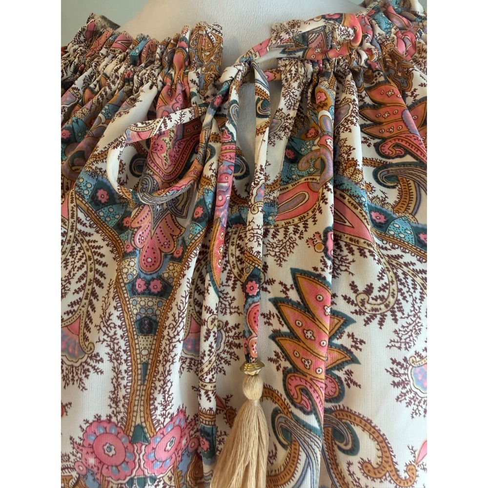 Boemo Paisley Tassel boho Blouse Pink Blue LongSleeve Top M shirt whimsi cottage - Picture 2 of 7